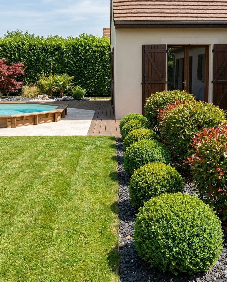 Jardin entretenu — pelouse soignée, taille de haie, vue d'ensemble